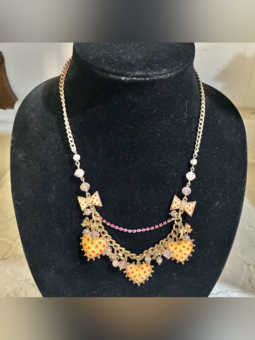 Vtg Betsey Johnson Ivy League Polka Dot Hearts And Bows Necklace Cream and Pink